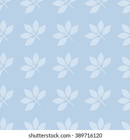 Seamless tiled monochrome blue background with white leaves. Dotted pattern. Vector Illustration. 