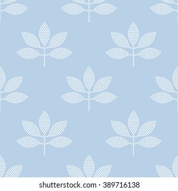 Seamless tiled monochrome blue background with white leaves. Dotted pattern. Vector Illustration. 