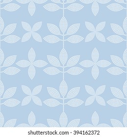 Seamless tiled monochrome blue background with leaves in garlands and flowers. Dotted pattern. Vector Illustration. 