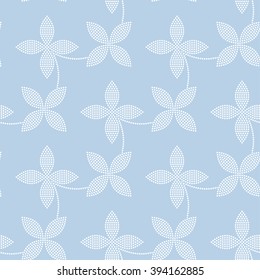 Seamless tiled monochrome blue background of flowers and garlands. Dotted floral pattern. Vector Illustration. 