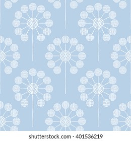 Seamless tiled monochrome blue background of Dandelion flower. Dotted pattern. Vector Illustration. 