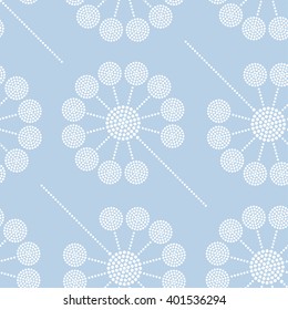 Seamless tiled monochrome blue background of Dandelion flower. Dotted pattern. Vector Illustration. 
