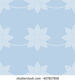 Seamless tiled monochrome blue grid background of lotus flowers and garlands. Dotted pattern. Vector Illustration.