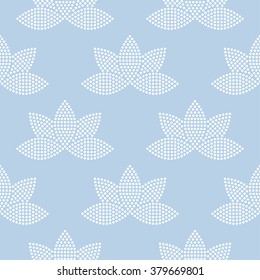 Seamless tiled monochrome blue mosaic background of white lotus flower in garlands. Dotted pattern. Vector Illustration.