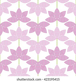 Seamless tiled mosaic background of pink lotus flower in garlands. Dotted pattern. Vector Illustration.