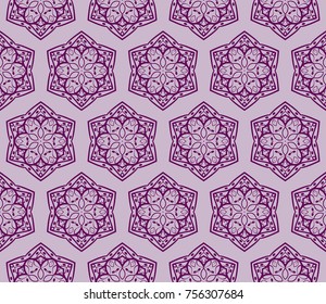 Seamless tiled pattern of floral ornament. Sacred geometry oriental trellis print. Vector Illustration.