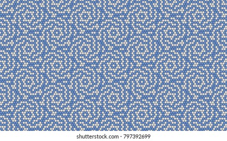 Seamless tiled pattern of hexagon on a black background. Imitation of the knitted sweater pattern by geometric shapes. Blue and grey shades. Pixel flowers. Vector design.
