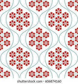 Seamless tiled pattern of Islamic floral ornament of red Carnation flower wreath in shape of hexagon. Dotted wavy garlands. Beads. Decorative colorful kaleidoscopic trellis print. Vector Illustration.
