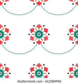 Seamless tiled pattern of Islamic floral ornament of tulips and palms in repeated shape of hexagon with dotted garlands. Beads. Decorative colorful print. Vector Illustration.
