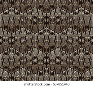 Seamless tiled pattern of Japanese traditional lattice ornament. Sacred geometry oriental trellis print. Abstract Golden gradient background of intersected shapes in Asian style. Vector Illustration. 
