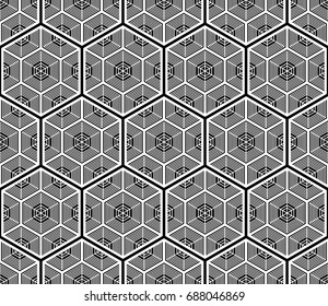 Seamless tiled pattern of Japanese traditional lattice ornament. Sacred geometry oriental trellis print. Abstract black and white background of intersected shapes in Asian style. Vector Illustration. 