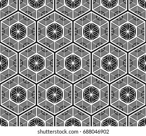 Seamless tiled pattern of Japanese traditional lattice ornament. Sacred geometry oriental trellis print. Abstract black and white background of intersected shapes in Asian style. Vector Illustration. 