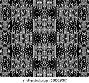 Seamless tiled pattern of Japanese traditional lattice ornament. Sacred geometry oriental trellis print. Abstract black and white background of intersected shapes in Asian style. Vector Illustration. 