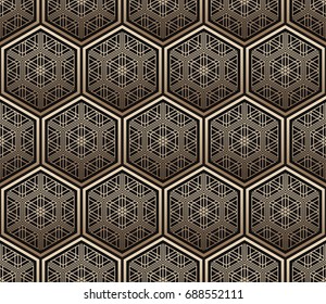 Seamless tiled pattern of Japanese traditional lattice ornament. Sacred geometry oriental trellis print. Abstract Golden gradient background of intersected shapes in Asian style. Vector Illustration. 