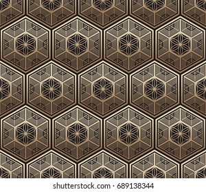 Seamless tiled pattern of Japanese traditional lattice ornament. Sacred geometry oriental trellis print. Abstract Golden gradient background of intersected shapes in Asian style. Vector Illustration. 