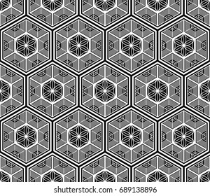 Seamless tiled pattern of Japanese traditional lattice ornament. Sacred geometry oriental trellis print. Abstract black and white background of intersected shapes in Asian style. Vector Illustration. 