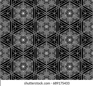 Seamless tiled pattern of Japanese traditional lattice ornament. Sacred geometry oriental trellis print. Abstract black and white background of intersected shapes in Asian style. Vector Illustration. 