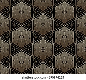 Seamless tiled pattern of Japanese traditional lattice ornament. Sacred geometry oriental trellis print. Abstract Golden gradient background of intersected shapes in Asian style. Vector Illustration. 