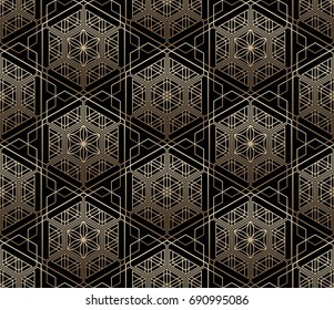 Seamless tiled pattern of Japanese traditional lattice ornament. Sacred geometry oriental trellis print. Abstract Golden gradient background of intersected shapes in Asian style. Vector Illustration. 