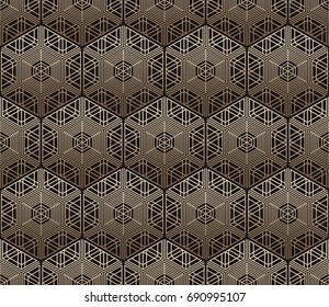 Seamless tiled pattern of Japanese traditional lattice ornament. Sacred geometry oriental trellis print. Abstract Golden gradient background of intersected shapes in Asian style. Vector Illustration. 