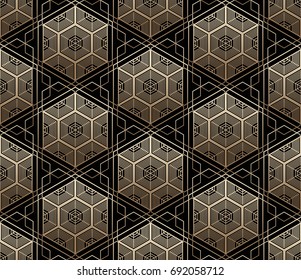 Seamless tiled pattern of Japanese traditional lattice ornament. Sacred geometry oriental trellis print. Abstract Golden gradient background of intersected shapes in Asian style. Vector Illustration. 