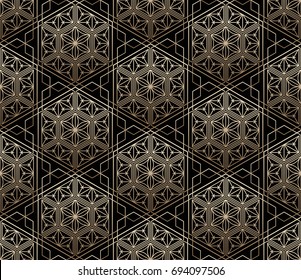Seamless tiled pattern of Japanese traditional lattice ornament. Sacred geometry oriental trellis print. Abstract Golden gradient background of intersected shapes in Asian style. Vector Illustration. 