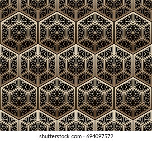 Seamless tiled pattern of Japanese traditional lattice ornament. Sacred geometry oriental trellis print. Abstract Golden gradient background of intersected shapes in Asian style. Vector Illustration. 