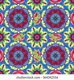 Seamless tiled pattern Royal luxury classical damask vector design. Vector blue yellow purple green bright pattern. 