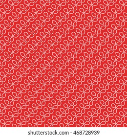 Seamless tiled red geometric pattern of dotted petals in garlands. Beads. Gift paper background. Vector illustration.