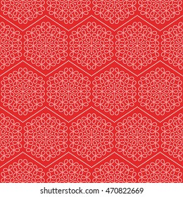 Seamless tiled red geometric pattern hexagons made of dotted petals in garlands. Beads. Gift paper background. Vector illustration.