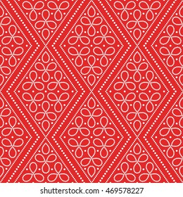 Seamless tiled red geometric zigzag pattern of dotted garlands. Beads. Gift paper background. Arabic lattice. Vector illustration.