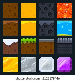 Seamless, tiled textures and materials. For arcade computer, mobile games. 2d. Flat style. Earth, soil, sand, lava, cave, water, winter, grass, road, gold, silver, glass, diamond. Vector illustration.