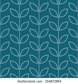 Seamless tiled turquoise geometric background of plant with leaves. Grid. Dotted mosaic pattern. Vector illustration.