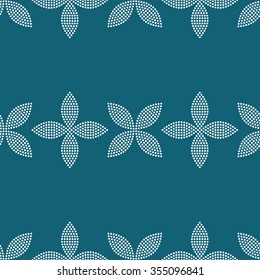 Seamless tiled turquoise geometric background of petals and flowers. Grid. Dotted mosaic pattern. Vector illustration.