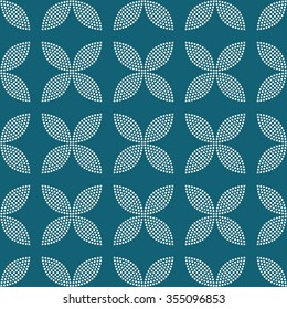 Seamless tiled turquoise geometric background of petals and flowers. Grid. Dotted mosaic pattern. Vector illustration.