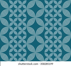 Seamless tiled turquoise geometric background of petals and flowers. Grid. Dotted mosaic pattern. Vector illustration.