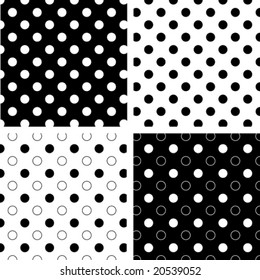 Seamless Tiles, Black and White Polka Dots on reverse backgrounds.  EPS8 includes four pattern swatches (tiles) that will seamlessly fill any shape.