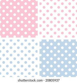 Seamless Tiles: Large White Polka Dots on Pastel Pink and Blue with reverse. EPS8 includes four pattern swatches (tiles) that will seamlessly fill any shape.