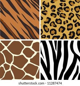 Seamless tiling animal print patterns of tiger, leopard, giraffe and zebra. Created especially to look at their best when tiled.