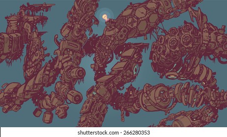 A seamless tiling background pattern vector illustration of intertwining vines or tentacles of decaying anime sci fi cyberpunk techno junk. Good for wallpaper, backdrop, textile, etc. HD Dimensions!