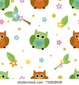 Seamless tiling cute and colorful vector texture with owls, flowers and dots. Great for wrapping paper, backgrounds or fabric.Can also be used for wallpaper, pattern fill, web page background.