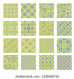 Seamless tiling green, turquoise, blue and yellow texture collection with ornaments, flowers, hearts, squares and dots. The textures are isolated over white background