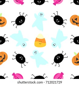 Seamless tiling Halloween vector texture with spider, ghost, pumpkin and candy. Great for wrapping paper, backgrounds or fabric.Can also be used for wallpaper, pattern fill, web page background.