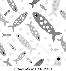 Seamless tiling pattern background with abstract fish with round dots. Vector sea bubbles texture