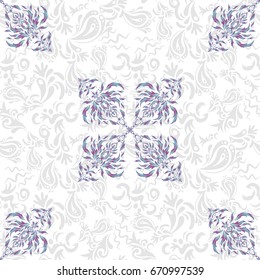Seamless tiling pattern in blue and purple and white colors. Vector vintage damask ornament.