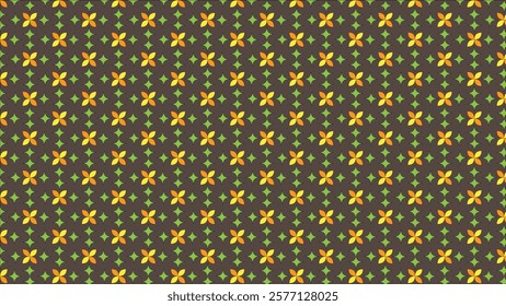 A seamless tiling pattern of bright floral and geometric shapes on a dark background, creating a harmonious and vibrant decorative design. Perfect for textile, wallpaper, or digital art usage.