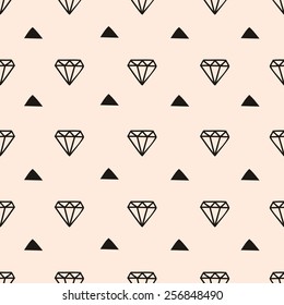 Seamless tiling pattern with diamond shapes and triangles. Vintage abstract repeat pattern in black and blush pink.