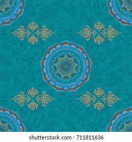 Seamless tiling pattern in green and blue colors. Vector vintage damask ornament.