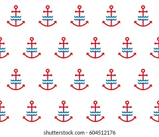 Seamless tiling pattern with navy emblems made of anchors & waves. Hipster wrapping paper design. Stylish fashion ornament. Decorative fabric texture print. Flat illustration. Vector naval background