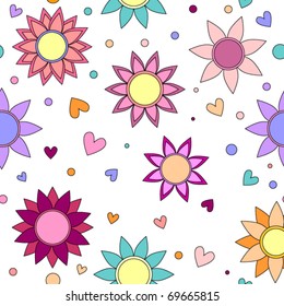 Seamless tiling vector flower, heart and dot texture